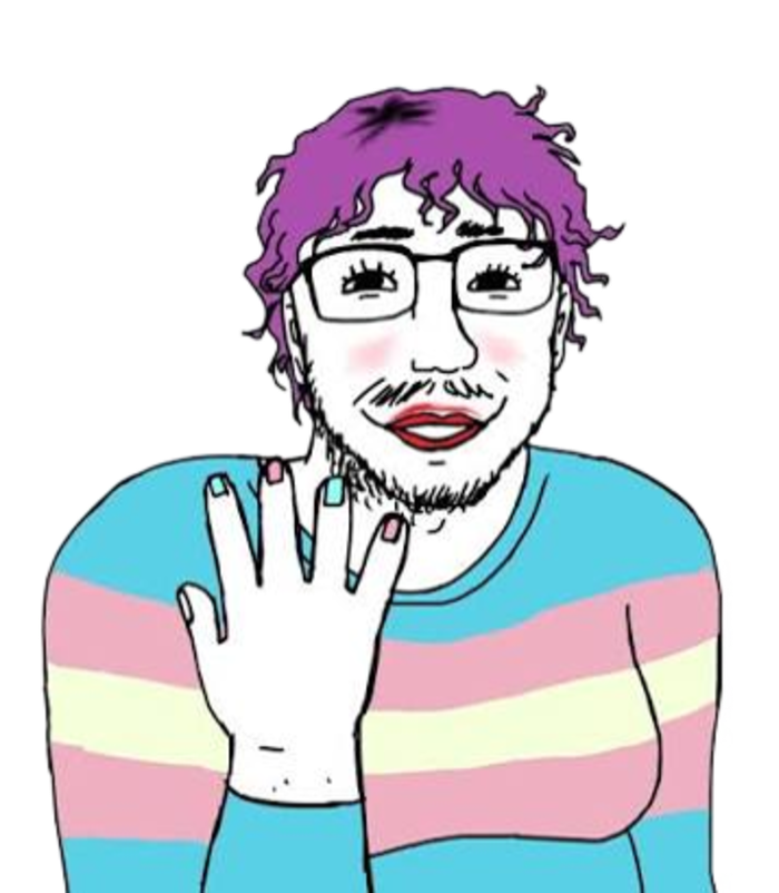 the instructor waving, purple hair and a striped shirt